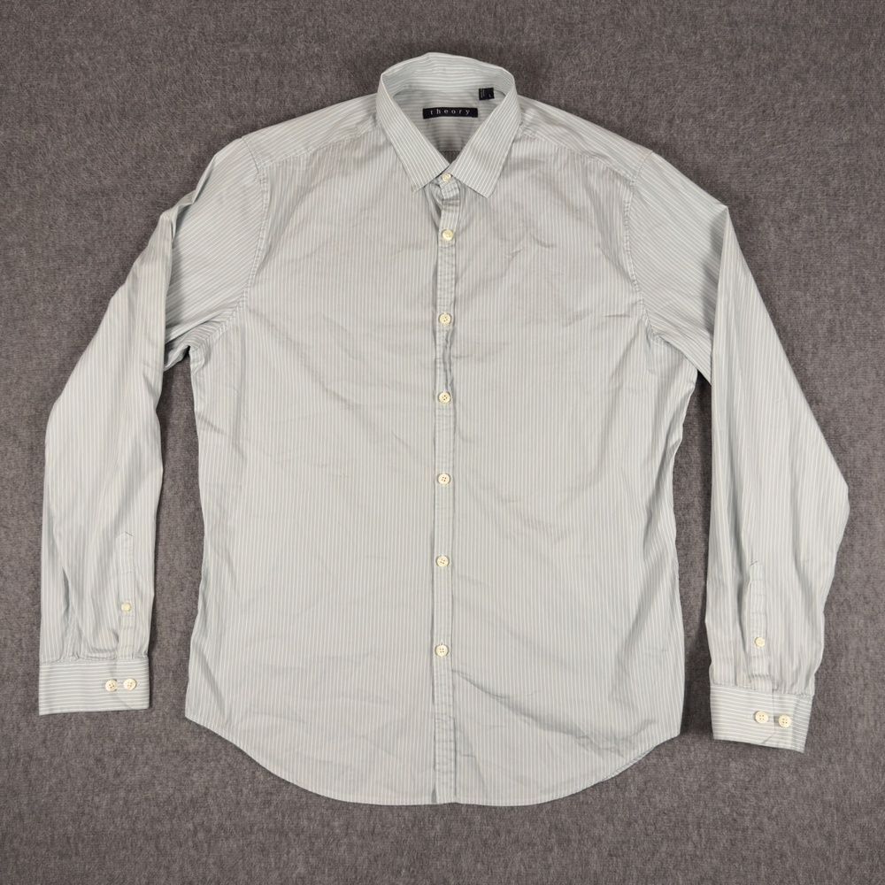 Theory Dress Shirt Mens Large Gray Pinstripe Long Sleeve Stretch Button Front